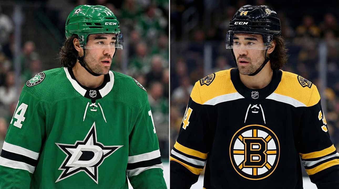 A split-panel photograph depicting NHL player Kiefer Sherwood. On the left side, he is wearing a green Dallas Stars jersey with the number 44 on the sleeve and a green helmet. On the right side, he is wearing a black Boston Bruins jersey with yellow trim, also showing the number 44 on the sleeve, and a black helmet.