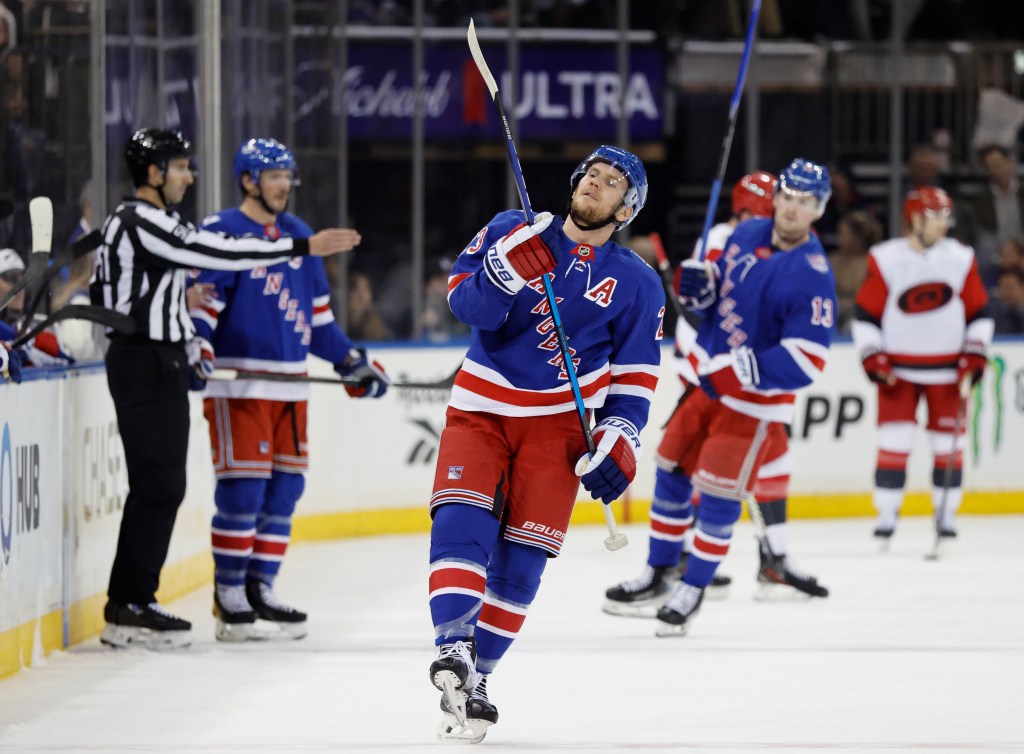 Rangers defenseman Adam Fox reacts while on the ice in the second period at Madison Square Garden in New York, November 04, 2025.