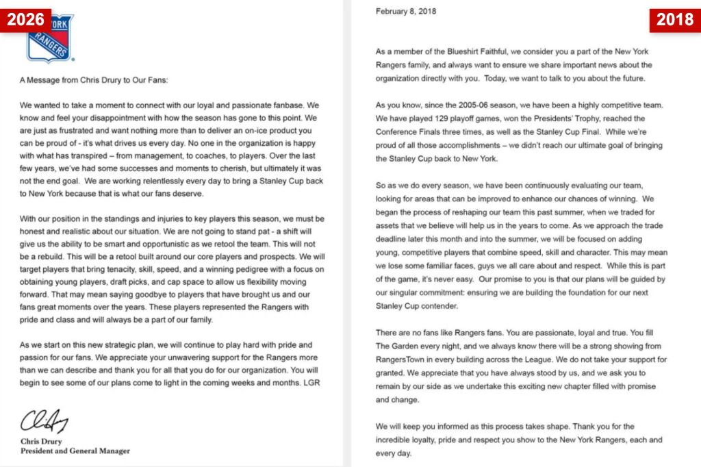 An image collage containing 1 images, Image 1 shows rangers letter 1.0 (2018) and 2.0 (2026)