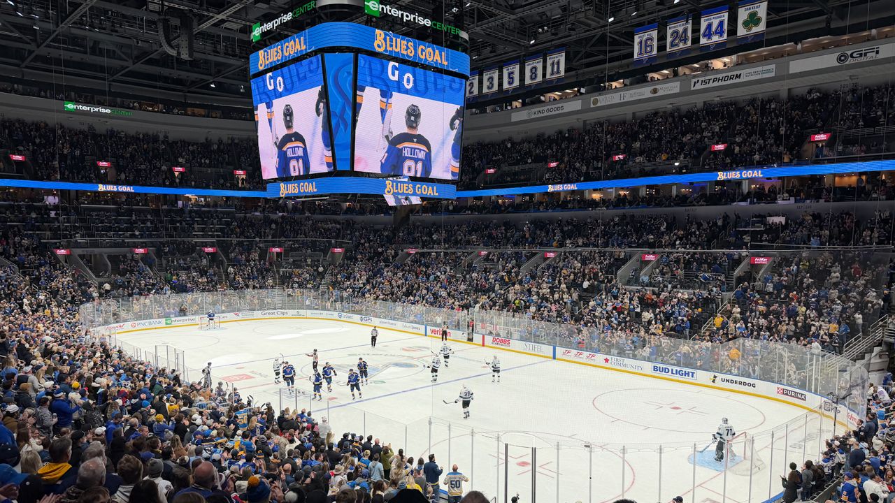 Blues celebrate a goal during the November 29, 2025 home game.