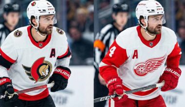 A split image showing NHL defenseman Rasmus Andersson. On the left, he is wearing the white away uniform of the Ottawa Senators. On the right, he is wearing the white away uniform of the Detroit Red Wings. In both images, he is wearing his number '4' and an 'A' on his jersey, and is skating on the ice with a referee and fans in the background.