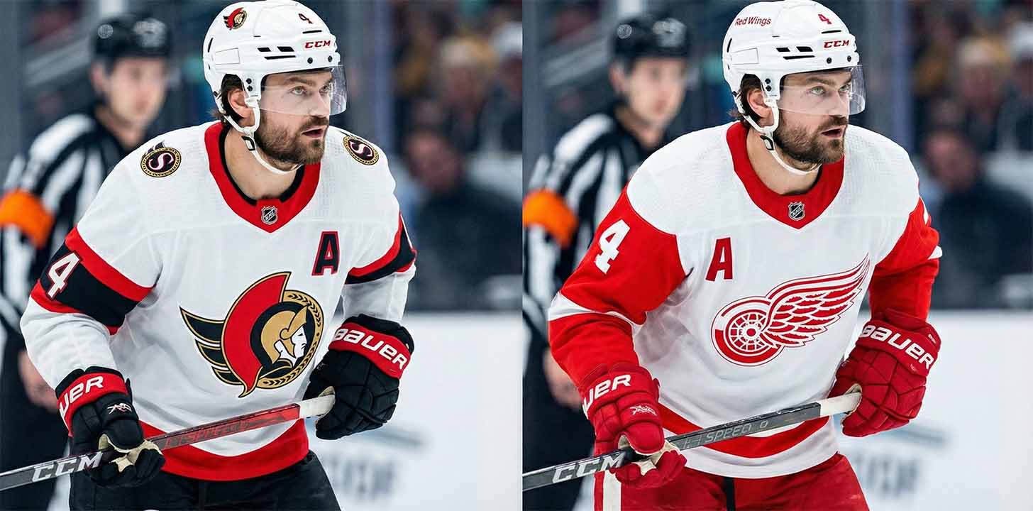 A split image showing NHL defenseman Rasmus Andersson. On the left, he is wearing the white away uniform of the Ottawa Senators. On the right, he is wearing the white away uniform of the Detroit Red Wings. In both images, he is wearing his number '4' and an 'A' on his jersey, and is skating on the ice with a referee and fans in the background.
