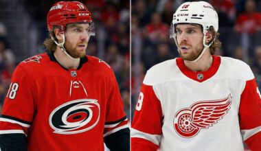 A split-frame photograph showing NHL forward Robert Thomas. On the left, he wears a red Carolina Hurricanes home jersey and a red helmet. On the right, he wears a white Detroit Red Wings away jersey and a white helmet.