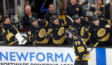 Boston MA 1/22/26 Boston Bruins defenseman Charlie McAvoy (73) celebrates his goal with his teammates on the bench against the Las Vegas Golden Knights during first period NHL action at TD Garden on January 22, 2026.