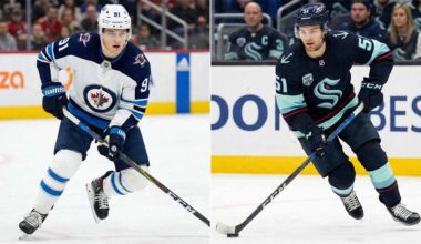 A split image showing two NHL players skating on the ice during a game. On the left side, Cole Perfetti of the Winnipeg Jets is in a white away jersey, number 91. On the right side, Shane Wright of the Seattle Kraken is in a dark blue home jersey, number 51, handling the puck.