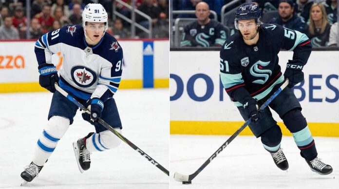 A split image showing two NHL players skating on the ice during a game. On the left side, Cole Perfetti of the Winnipeg Jets is in a white away jersey, number 91. On the right side, Shane Wright of the Seattle Kraken is in a dark blue home jersey, number 51, handling the puck.
