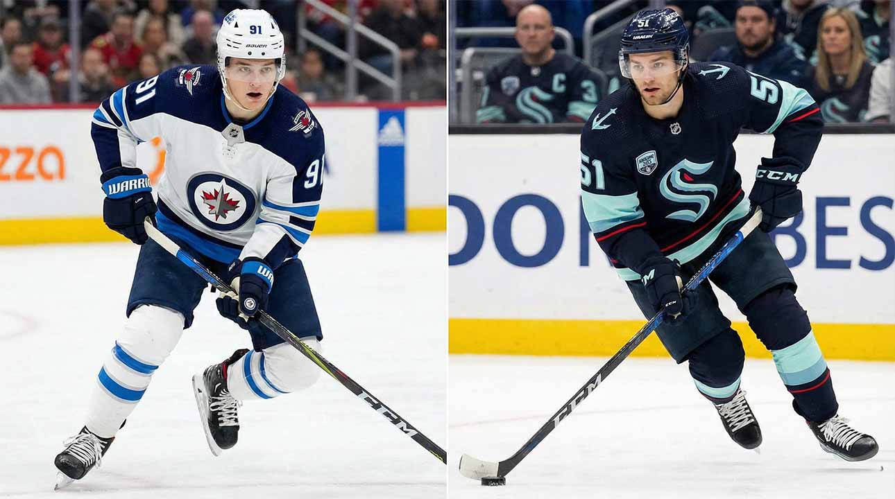 A split image showing two NHL players skating on the ice during a game. On the left side, Cole Perfetti of the Winnipeg Jets is in a white away jersey, number 91. On the right side, Shane Wright of the Seattle Kraken is in a dark blue home jersey, number 51, handling the puck.
