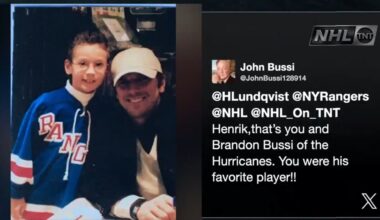 TNT broadcast shows Lundqvist with young Bussi in Rangers jersey