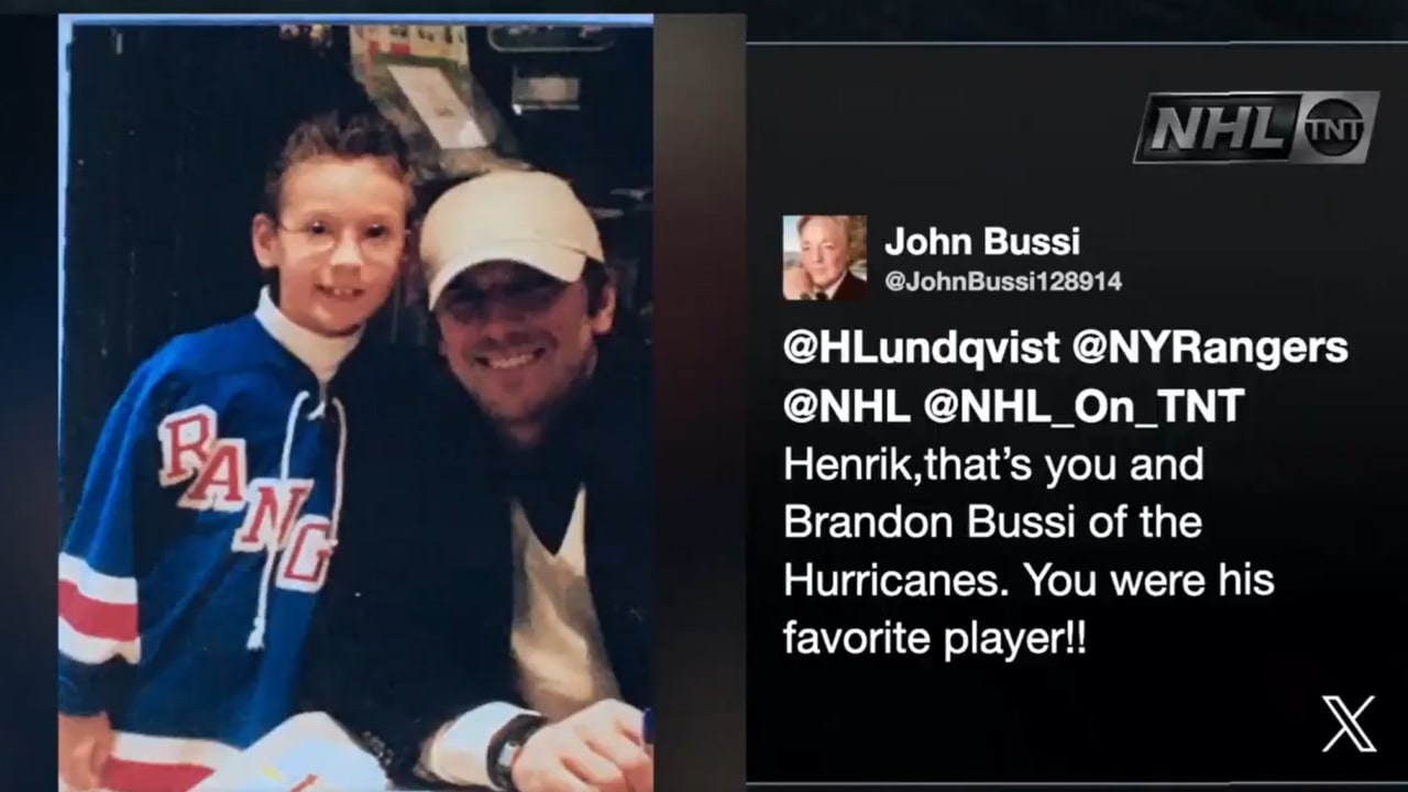 TNT broadcast shows Lundqvist with young Bussi in Rangers jersey
