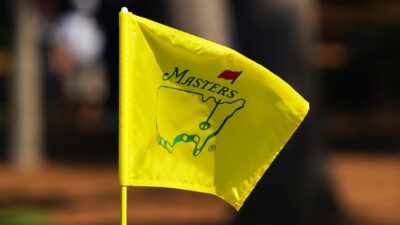 Apr 8, 2024; Augusta, Georgia, USA; A little wind hits the flag on no.2 during a practice round for the Masters Tournament golf tournament at Augusta National Golf Club.