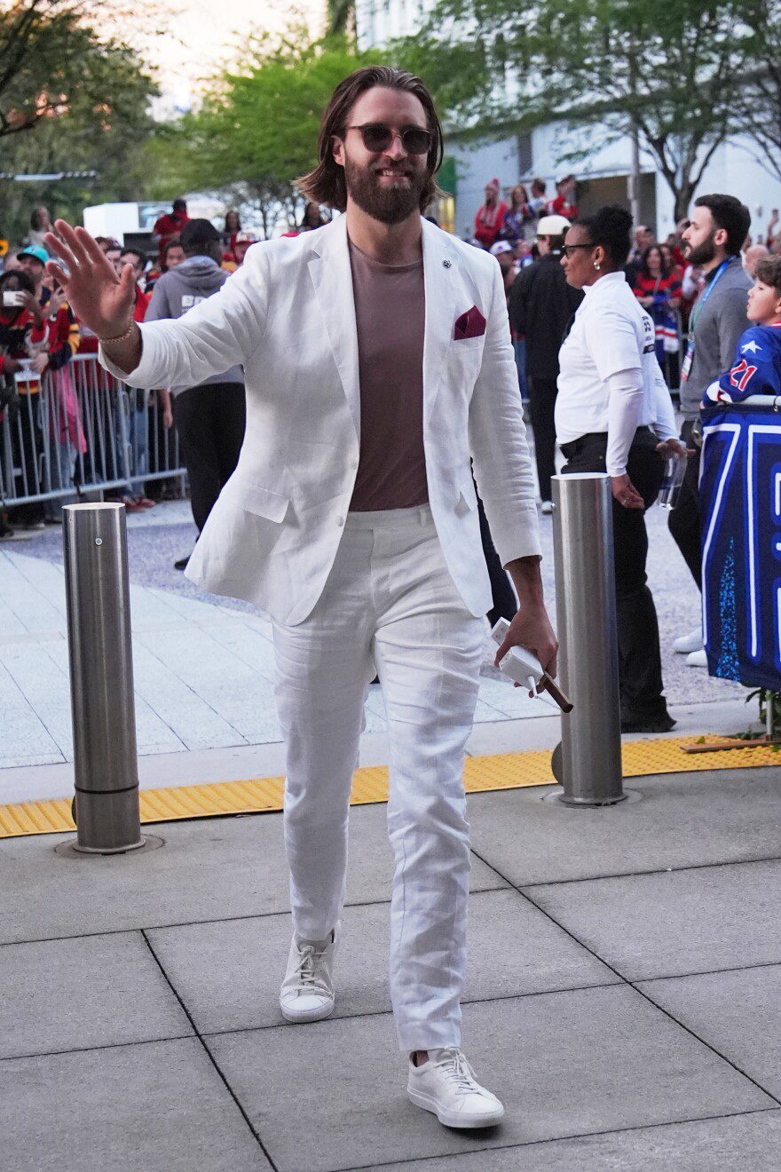 Florida Panthers defenseman Aaron Ekblad arrives for the NHL Winter Classic outdoor hockey game between the Florida Panthers and the New York Rangers, Friday, Jan. 2, 2026, in Miami. (AP Photo/Lynne Sladky)