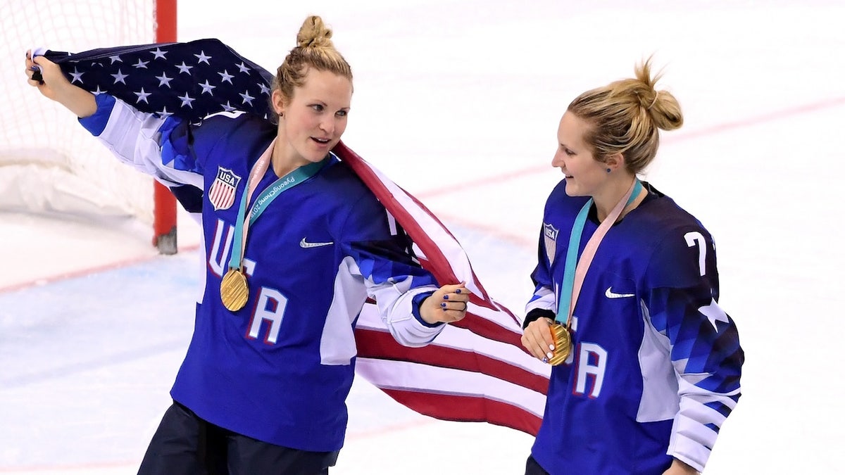 USA women's ice hockey gold medal winners Jocelyne Lamoureux, left, and Monique Lamoureux-Morando after beating Canada in the PyeongChang 2018 Winter Olympic Games in Gangneung, South Korea. 