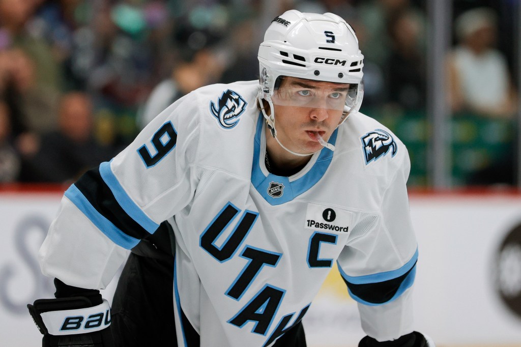 Utah Mammoth right wing Clayton Keller (9) on the ice.