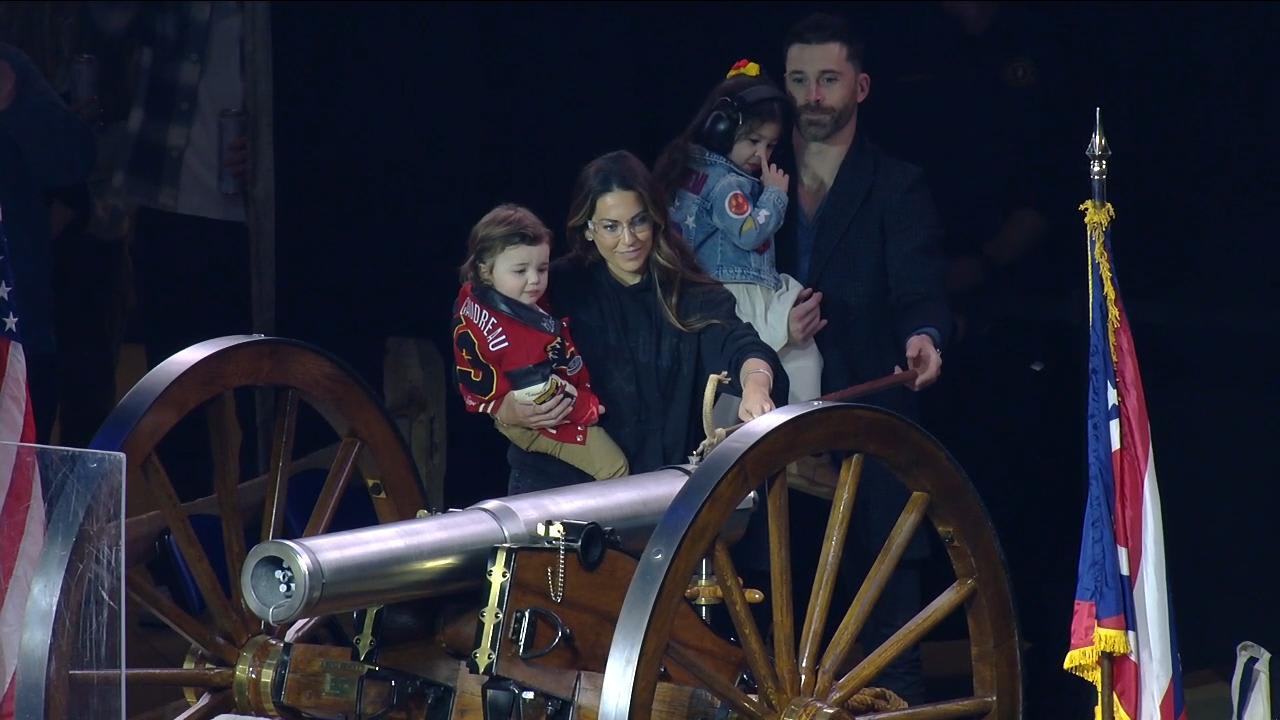 Meredith Gaudreau lights pregame cannon for Blue Jackets