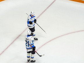 Pierce Mbuyi celebrates with Egor Barabanov during the 2026 Connor McDavid OHL Top Prospects Game in Peterborough on Wednesday, Jan. 15, 2026. Photo from OHL Images