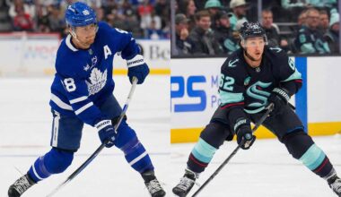 A split photograph featuring two NHL players on the ice during respective games. On the left side, Toronto Maple Leafs forward William Nylander wears a blue No. 88 jersey and skates with the puck. On the right side, Seattle Kraken defenseman Brandon Montour wears a dark dark blue No. 62 jersey and is shown in a low skating stance.