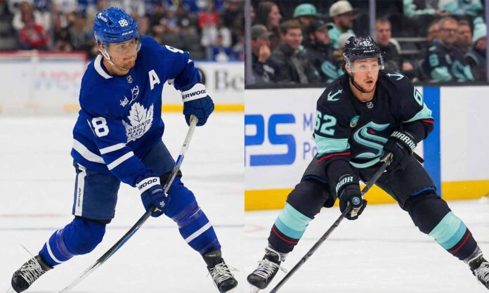 A split photograph featuring two NHL players on the ice during respective games. On the left side, Toronto Maple Leafs forward William Nylander wears a blue No. 88 jersey and skates with the puck. On the right side, Seattle Kraken defenseman Brandon Montour wears a dark dark blue No. 62 jersey and is shown in a low skating stance.