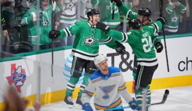 Robertson scores 30th goal with a minute left to lift Stars over Blues 3-2