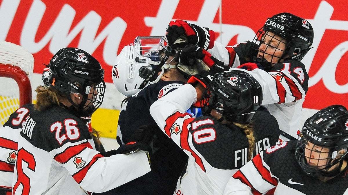 Canadian hockey players fight in the world championships