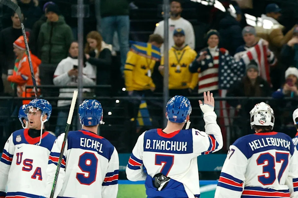 <p>Feb 12, 2026; Milan, Italy; Brady Tkachuk of United States, Jack Eichel of United States, and Connor Hellebuyck of United States acknowledge fans after the match against Latvia in men’s ice hockey group C play during the Milano Cortina 2026 Olympic Winter Games at Milano Santagiulia Ice Hockey Arena. Mandatory Credit: Geoff Burke-Imagn Images</p>