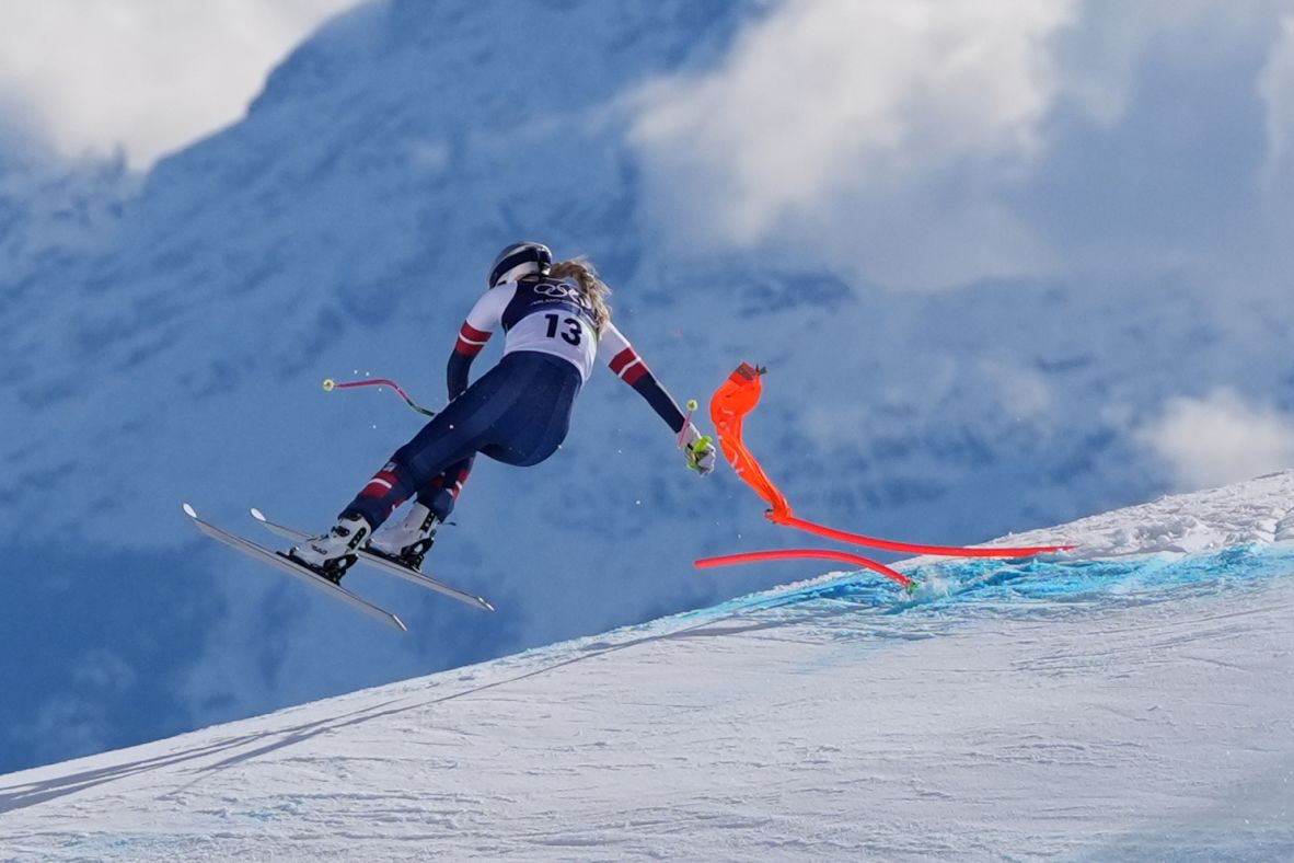 US skier Lindsey Vonn crashes early in her downhill run on Sunday, February 8. <a href=