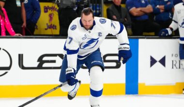 Nov 6, 2025; Las Vegas, Nevada, USA; Tampa Bay Lightning defenseman Victor Hedman (77) warms up before a game against the Vegas Golden Knighs at T-Mobile Arena. Mandatory Credit: Stephen R. Sylvanie-Imagn Images