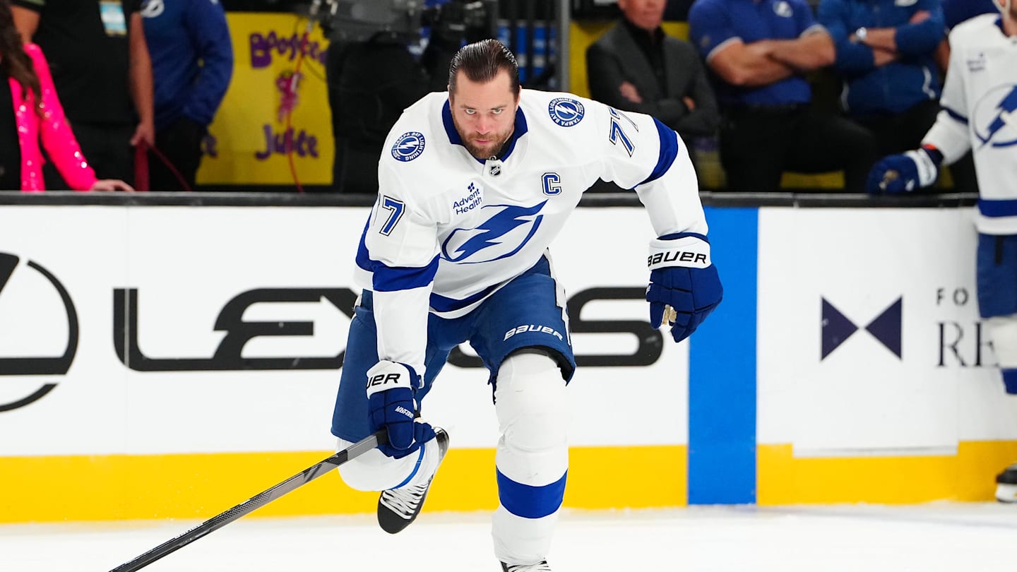 Nov 6, 2025; Las Vegas, Nevada, USA; Tampa Bay Lightning defenseman Victor Hedman (77) warms up before a game against the Vegas Golden Knighs at T-Mobile Arena. Mandatory Credit: Stephen R. Sylvanie-Imagn Images