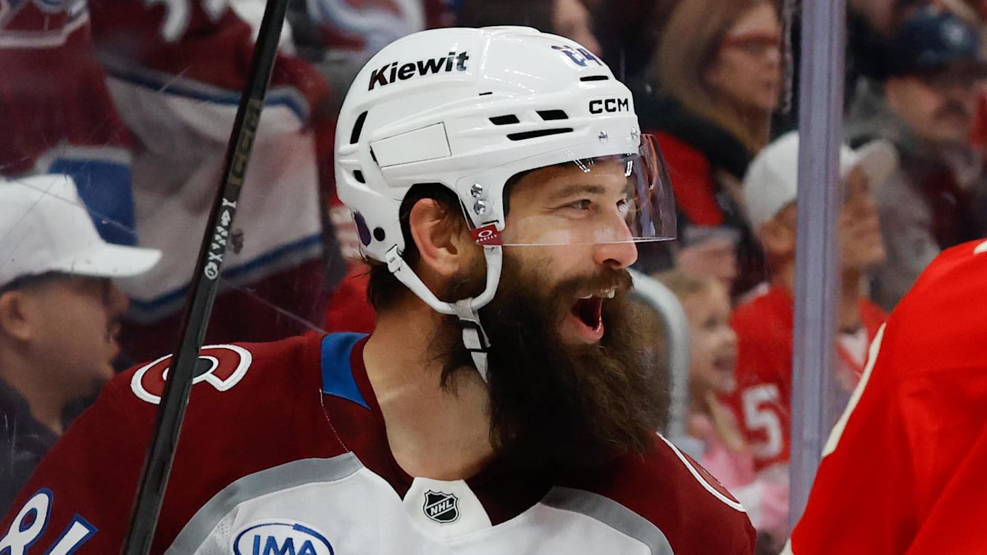 Jan 31, 2026; Detroit, Michigan, USA;  Colorado Avalanche defenseman Brent Burns (84) celebrates after scoring in the first period against the Detroit Red Wings at Little Caesars Arena. Mandatory Credit: Rick Osentoski-Imagn Images