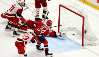 Jan 31, 2026; Washington, District of Columbia, USA; Washington Capitals right wing Justin Sourdif (34) scores the game-winning goal during overtime against the Carolina Hurricanes at Capital One Arena. Mandatory Credit: Daniel Kucin Jr.-Imagn Images