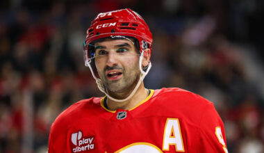 Jan 23, 2026; Calgary, Alberta, CAN; Calgary Flames center Nazem Kadri (91) against the Washington Capitals during the second period at Scotiabank Saddledome. Mandatory Credit: Sergei Belski-Imagn Images