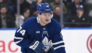 Nov 13, 2025; Toronto, Ontario, CAN;  Toronto Maple Leafs forward Bobby McMann (74) skates with the puck against Los Angeles Kings in the third period at Scotiabank Arena. Mandatory Credit: Dan Hamilton-Imagn Images