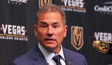 Nov 10, 2025; Las Vegas, Nevada, USA; Vegas Golden Knights head coach Bruce Cassidy takes questions during a presser after the Florida Panthers defeated the Golden Knights 3-2 at T-Mobile Arena. Mandatory Credit: Stephen R. Sylvanie-Imagn Images