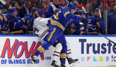 Jan 31, 2026; Buffalo, New York, USA;  Buffalo Sabres defenseman Rasmus Dahlin (26) checks Montréal Canadiens center Oliver Kapanen (91) as he goes after a loose puck during the first period at KeyBank Center. Mandatory Credit: Timothy T. Ludwig-Imagn Images