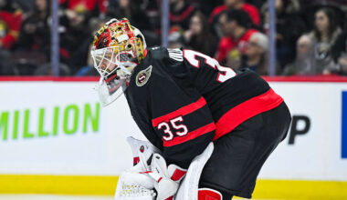 Jan 31, 2026; Ottawa, Ontario, CAN; Ottawa Senators goalie Linus Ullmark (35) looks on against the New Jersey Devilsduring the second period at Canadian Tire Centre. Mandatory Credit: David Kirouac-Imagn Images
