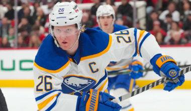 Jan 19, 2026; Raleigh, North Carolina, USA;  Buffalo Sabres defenseman Rasmus Dahlin (26) skates against the Carolina Hurricanes during the third period at Lenovo Center. Mandatory Credit: James Guillory-Imagn Images