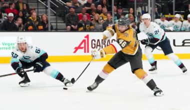 Jonas Rondbjerg shoots the puck past Brandon Montour on Saturday night