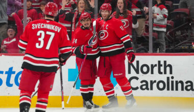 Feb 1, 2026; Raleigh, North Carolina, USA; Carolina Hurricanes center Jordan Staal (11) celebrates his goal with center Seth Jarvis (24) against the Los Angeles Kings during the first period at Lenovo Center. Mandatory Credit: James Guillory-Imagn Images