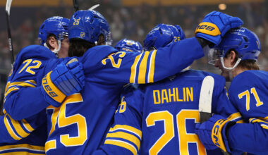 Jan 31, 2026; Buffalo, New York, USA;  Buffalo Sabres defenseman Owen Power (25) celebrates his goal with teammates during the second period against the Montréal Canadiens at KeyBank Center. Mandatory Credit: Timothy T. Ludwig-Imagn Images