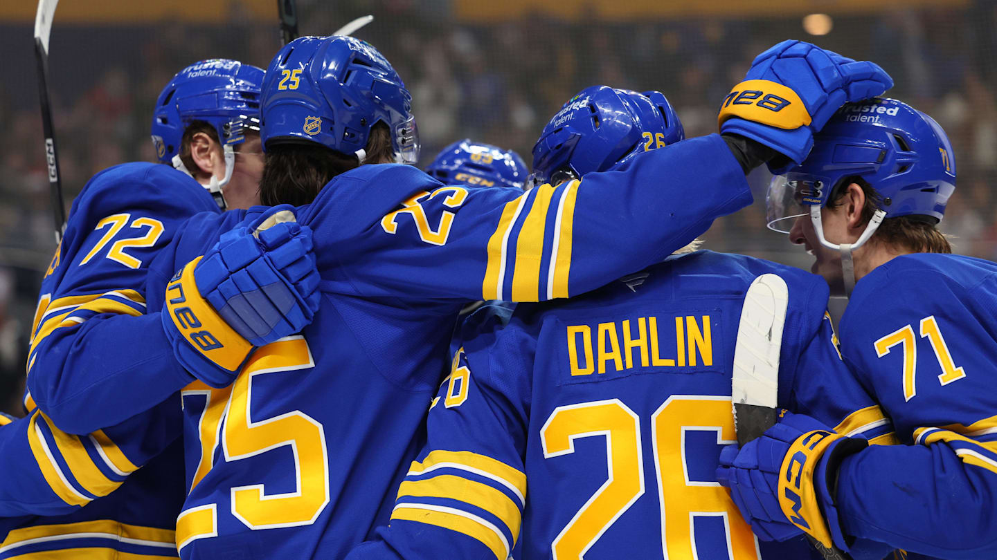 Jan 31, 2026; Buffalo, New York, USA;  Buffalo Sabres defenseman Owen Power (25) celebrates his goal with teammates during the second period against the Montréal Canadiens at KeyBank Center. Mandatory Credit: Timothy T. Ludwig-Imagn Images