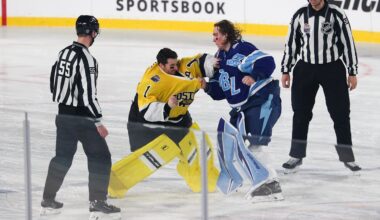 Feb 1, 2026; Tampa Bay, Florida, USA; Boston Bruins goaltender Jeremy Swayman (1) and Tampa Bay Lightning goaltender Andrei Vasilevskiy (88) exchange punches as officials Kyle Flemington and Julien Fournier look on during the second period in the 2026 Stadium Series ice hockey game at Raymond James Stadium. Mandatory Credit: Nathan Ray Seebeck-Imagn Images