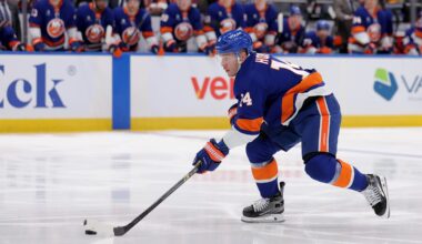 Jan 24, 2026; Elmont, New York, USA; New York Islanders center Bo Horvat (14) skates with the puck against the Buffalo Sabres during the second period at UBS Arena. Mandatory Credit: Brad Penner-Imagn Images