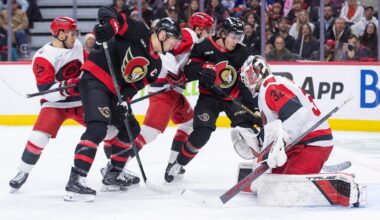 Jan 24, 2026; Ottawa, Ontario, CAN; Ottawa Senators left wing Brady Tkachuk (7) is unable to capitalize on a loose puck in front of Carolina Hurricanes goalie Brandon Bussi (32) in the first period at the Canadian Tire Centre. Mandatory Credit: Marc DesRosiers-IMAGN Images