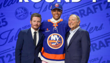 Jun 27, 2025; Los Angeles, California, USA; Kashawn Aitcheson is selected as the 17th overall pick to the New York Islanders in the first round of the 2025 NHL Draft at Peacock Theater. Mandatory Credit: Kirby Lee-Imagn Images
