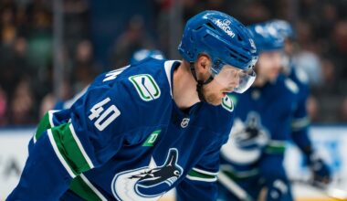 Jan 25, 2026; Vancouver, British Columbia, CAN; Vancouver Canucks forward Elias Pettersson (40) prepares for a face off against the Pittsburgh Penguins in the third period at Rogers Arena. Mandatory Credit: Bob Frid-Imagn Images