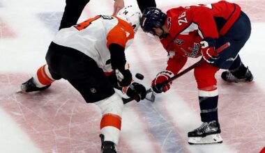 Mar 20, 2025; Washington, District of Columbia, USA; Philadelphia Flyers center Sean Couturier (14) and Washington Capitals center Nic Dowd (26) face off during the third period at Capital One Arena.