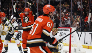 Feb 1, 2026; Anaheim, California, USA;  Anaheim Ducks left wing Chris Kreider (20) celebrates a goal by left wing Cutter Gauthier (61) during the second period against the Vegas Golden Knights at Honda Center. Mandatory Credit: Kiyoshi Mio-Imagn Images