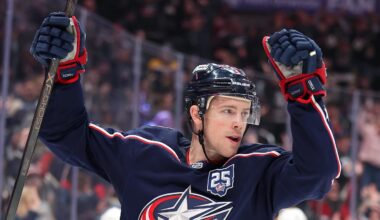 Jan 24, 2026; Columbus, Ohio, USA;  Columbus Blue Jackets center Charlie Coyle (3) celebrates his goal during the second period against the Tampa Bay Lightning at Nationwide Arena. Mandatory Credit: Joseph Maiorana-Imagn Images