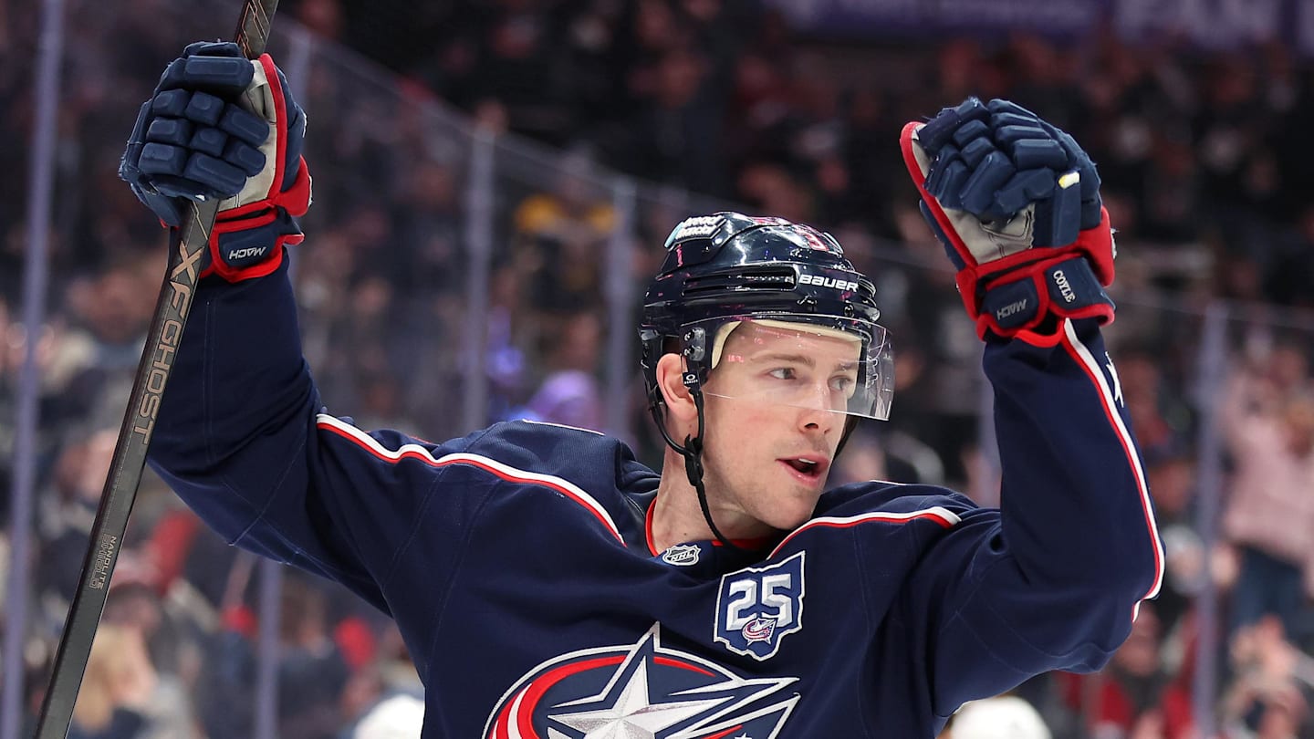 Jan 24, 2026; Columbus, Ohio, USA;  Columbus Blue Jackets center Charlie Coyle (3) celebrates his goal during the second period against the Tampa Bay Lightning at Nationwide Arena. Mandatory Credit: Joseph Maiorana-Imagn Images