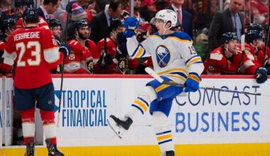 Feb 2, 2026; Sunrise, Florida, USA; Buffalo Sabres center Peyton Krebs (19) celebrates after scoring against the Florida Panthers during the first period at Amerant Bank Arena. Mandatory Credit: Sam Navarro-Imagn Images