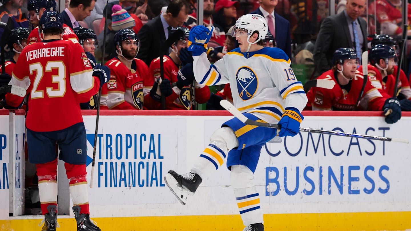 Feb 2, 2026; Sunrise, Florida, USA; Buffalo Sabres center Peyton Krebs (19) celebrates after scoring against the Florida Panthers during the first period at Amerant Bank Arena. Mandatory Credit: Sam Navarro-Imagn Images